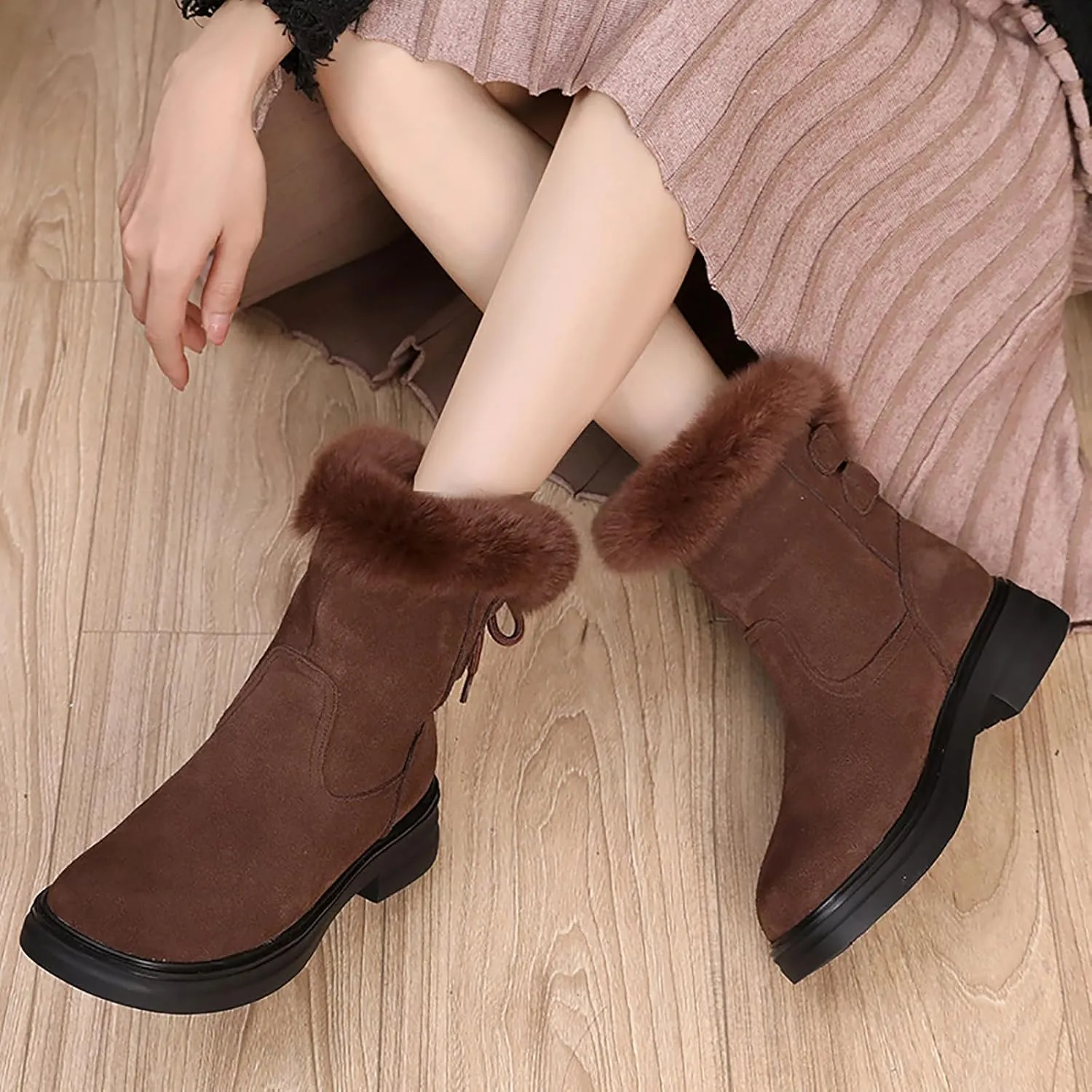 Women's Genuine Leather Chunky Heel Mid Calf Boots Warm Fur Lined Fashion Comfort Round Toe Lace Up Anti-slip Platform Low Heel Short Bootie Winter Outdoor Walking Snow Boots