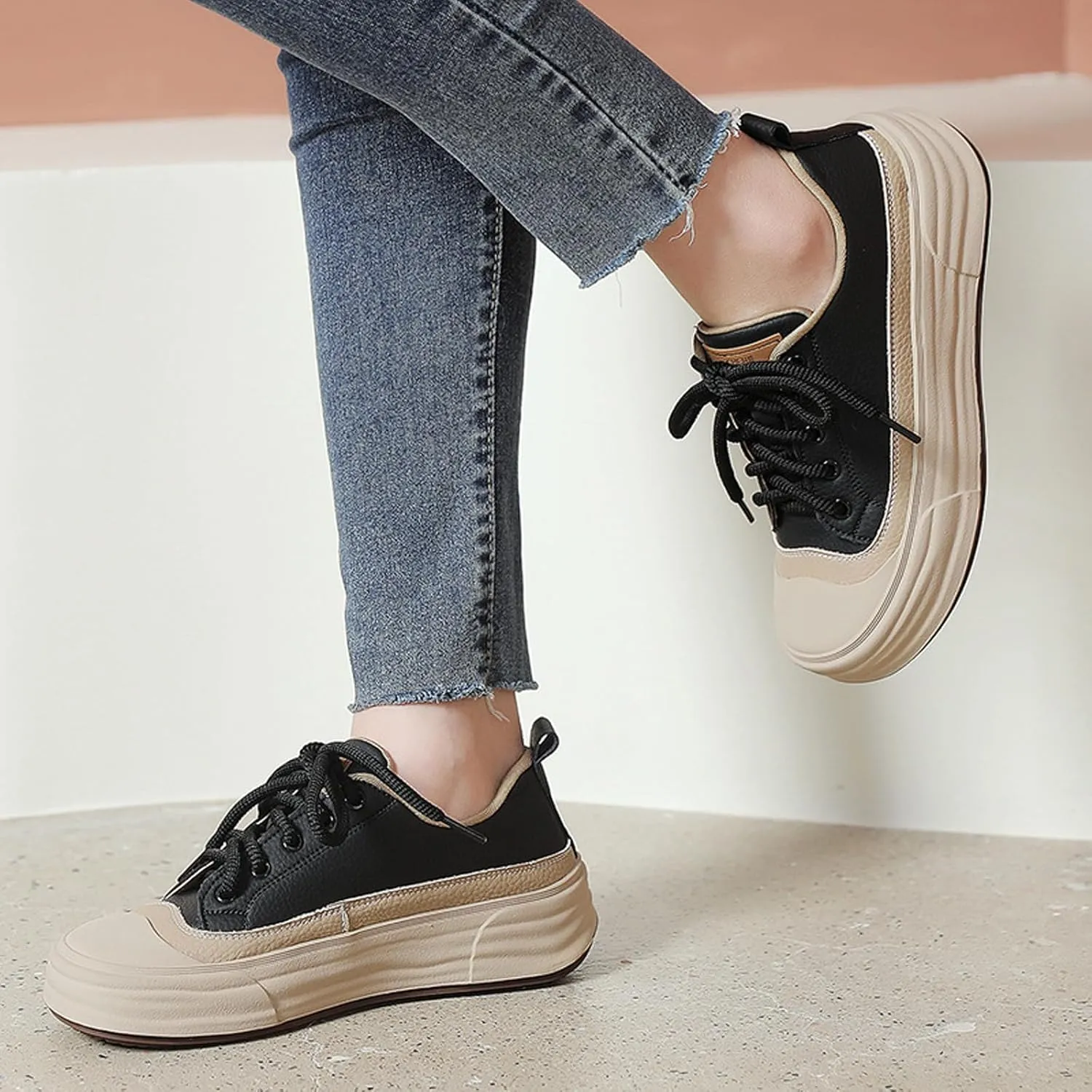 Women's Genuine Leather Color Blocked Lace up Platform Loafers Retro Comfortable Round Toe Low Top Soft Sole Fall Winter Casual Loafers Non-Slip Work Dress Walking Shoes