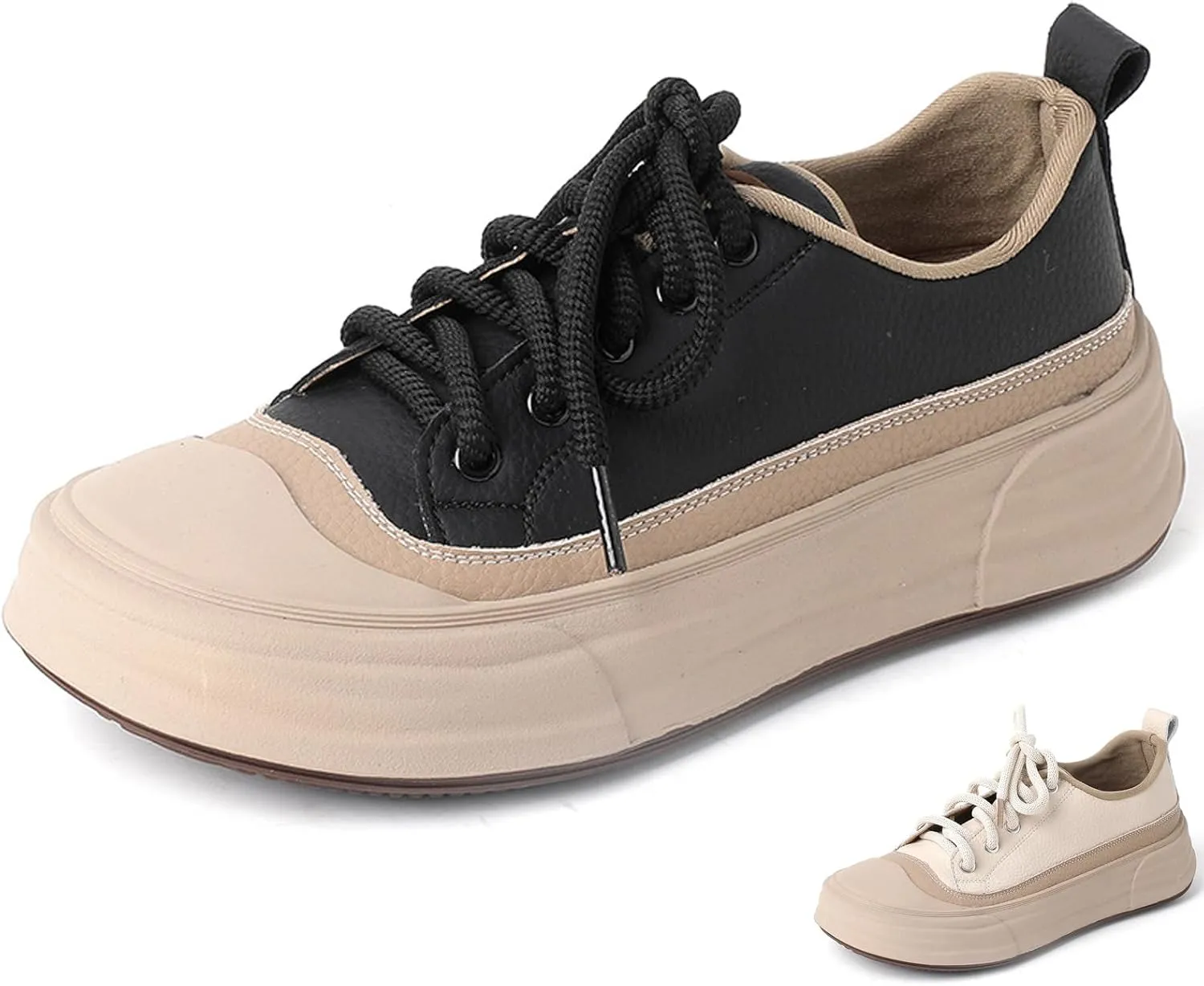 Women's Genuine Leather Color Blocked Lace up Platform Loafers Retro Comfortable Round Toe Low Top Soft Sole Fall Winter Casual Loafers Non-Slip Work Dress Walking Shoes