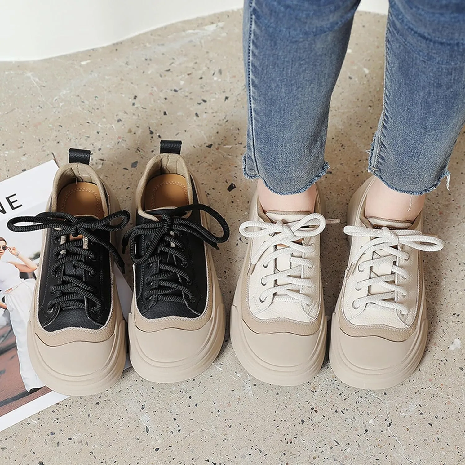 Women's Genuine Leather Color Blocked Lace up Platform Loafers Retro Comfortable Round Toe Low Top Soft Sole Fall Winter Casual Loafers Non-Slip Work Dress Walking Shoes