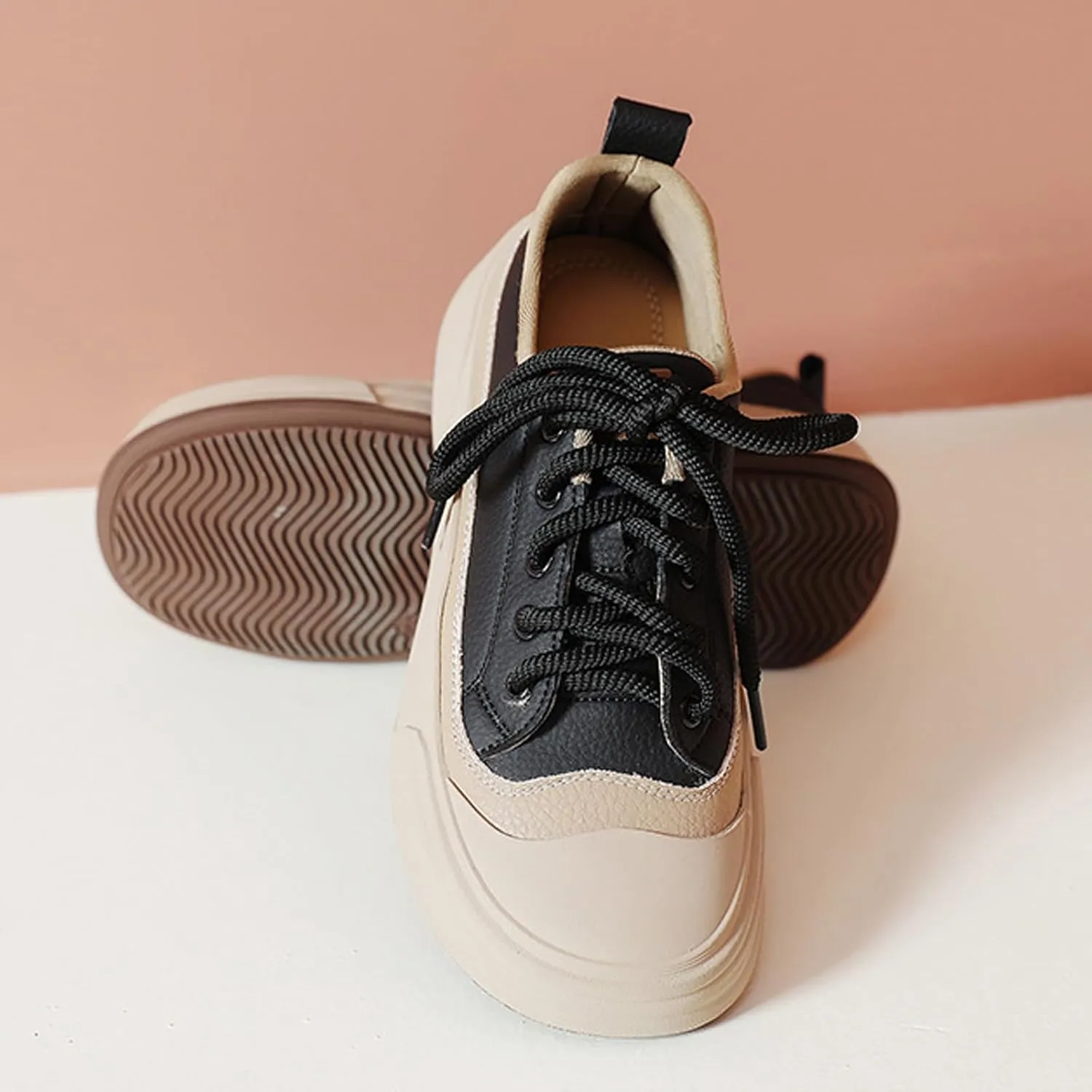 Women's Genuine Leather Color Blocked Lace up Platform Loafers Retro Comfortable Round Toe Low Top Soft Sole Fall Winter Casual Loafers Non-Slip Work Dress Walking Shoes