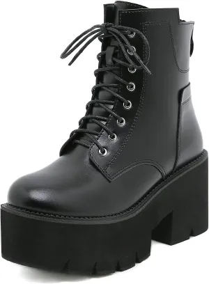 Women's Goth Black Chunky High Heel Lace Up Emo Platform Combat Ankle Boots