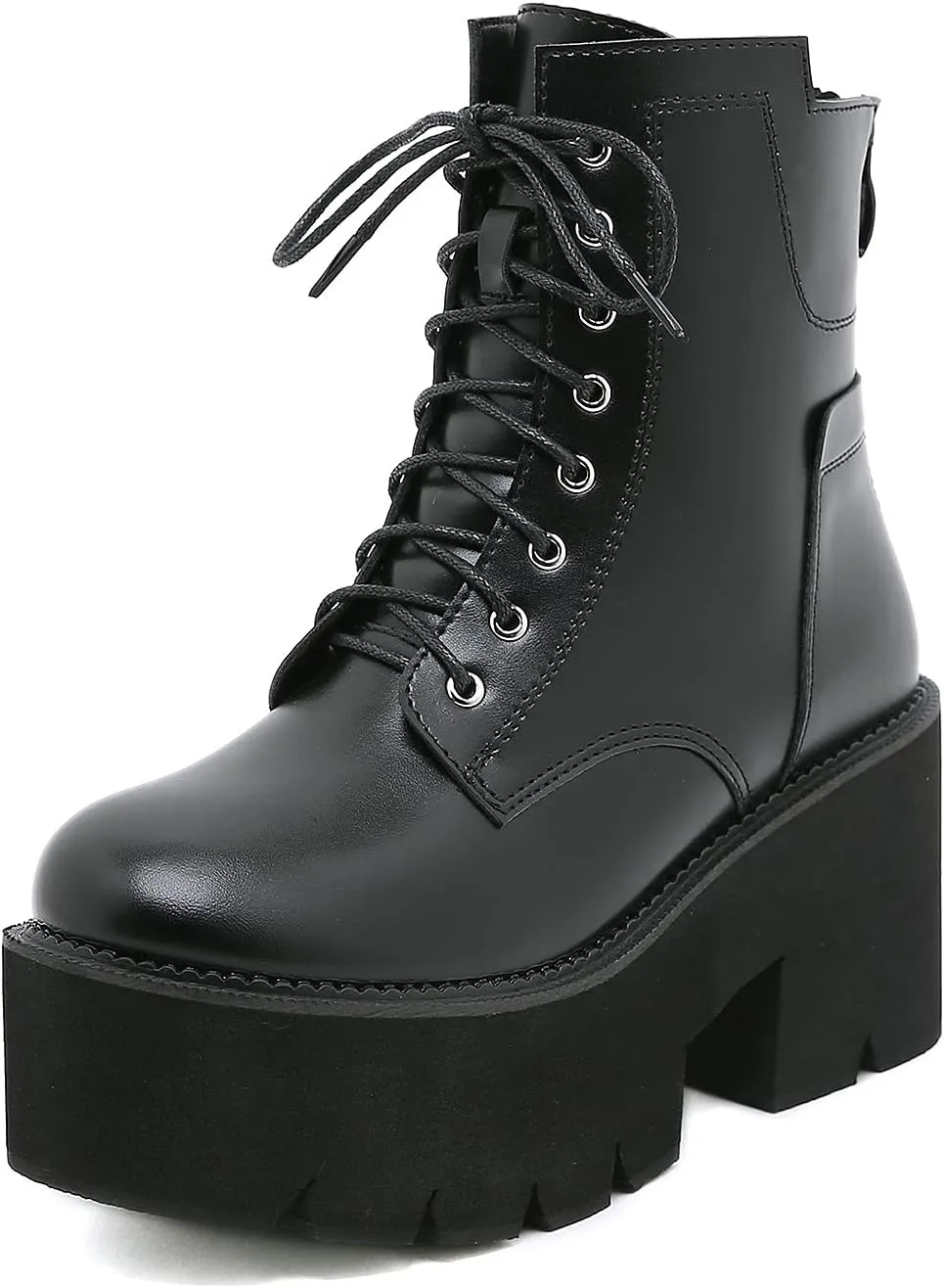 Women's Goth Black Chunky High Heel Lace Up Emo Platform Combat Ankle Boots
