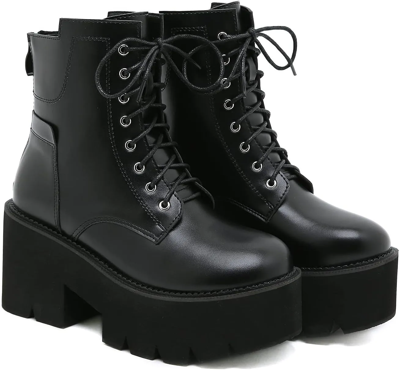 Women's Goth Black Chunky High Heel Lace Up Emo Platform Combat Ankle Boots