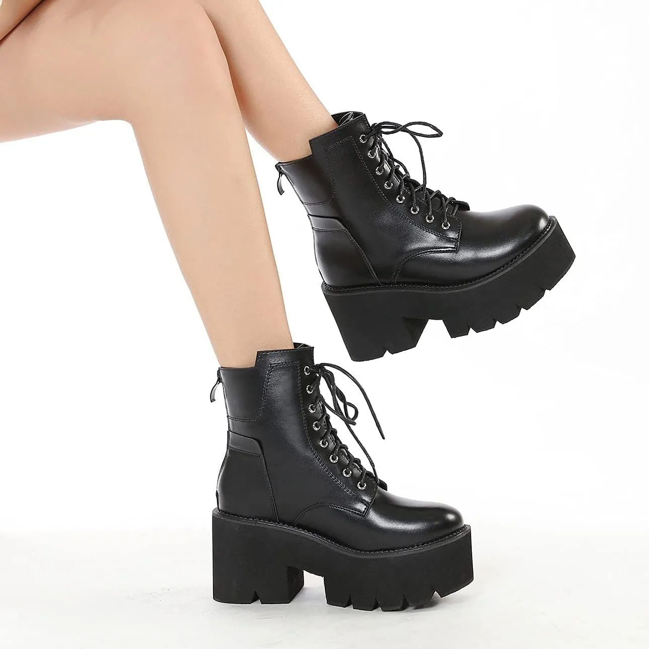 Women's Goth Black Chunky High Heel Lace Up Emo Platform Combat Ankle Boots