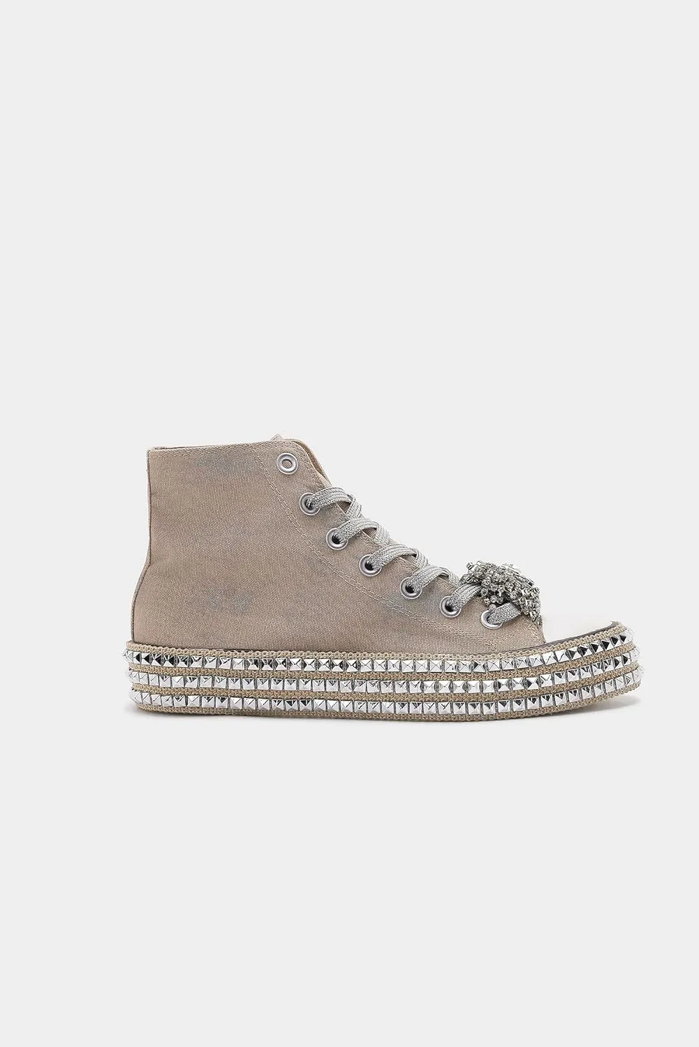 Womens High-Top Canvas Sneakers Studded Rhinestone Side Shoes Lace Up Fashion Shoes Casual Platform Ankle Boots