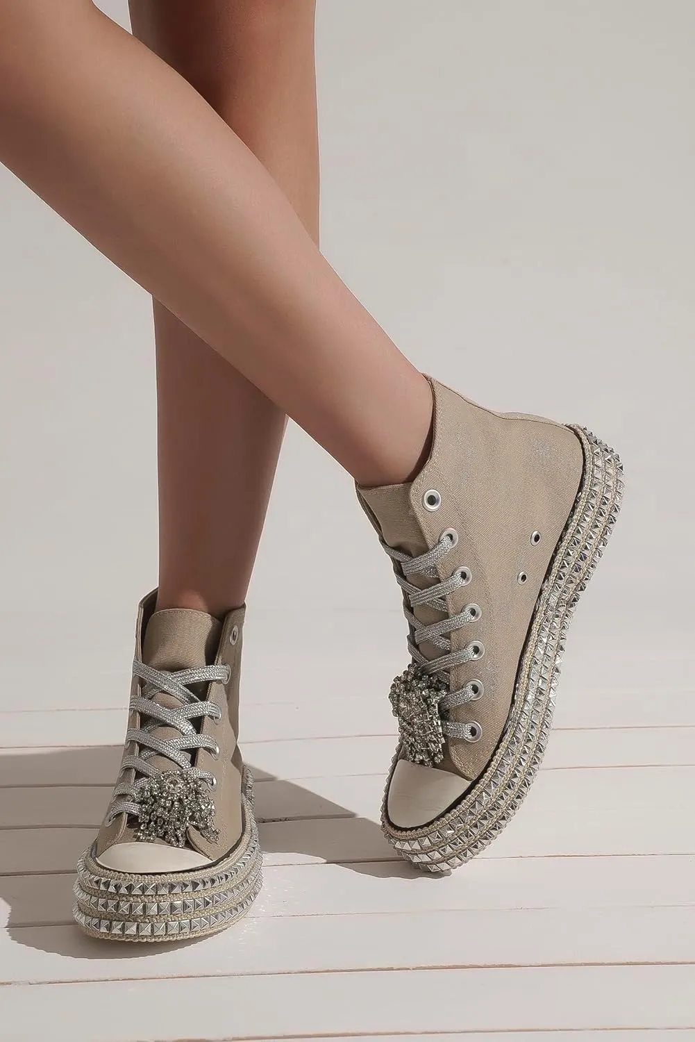 Womens High-Top Canvas Sneakers Studded Rhinestone Side Shoes Lace Up Fashion Shoes Casual Platform Ankle Boots