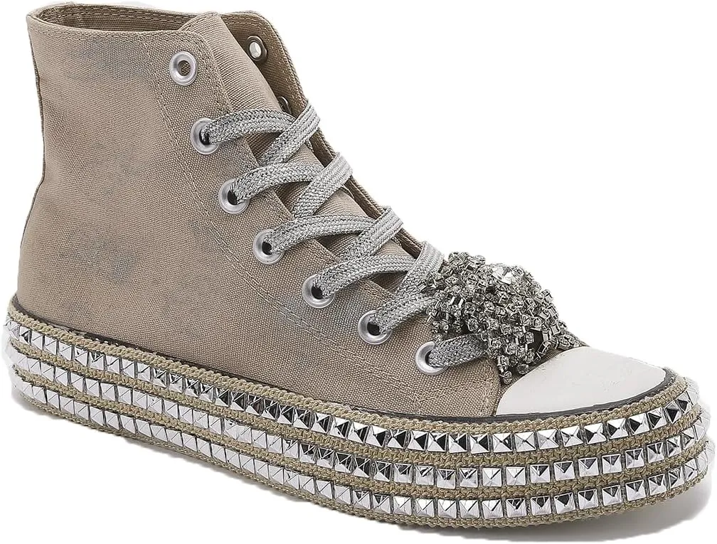 Womens High-Top Canvas Sneakers Studded Rhinestone Side Shoes Lace Up Fashion Shoes Casual Platform Ankle Boots