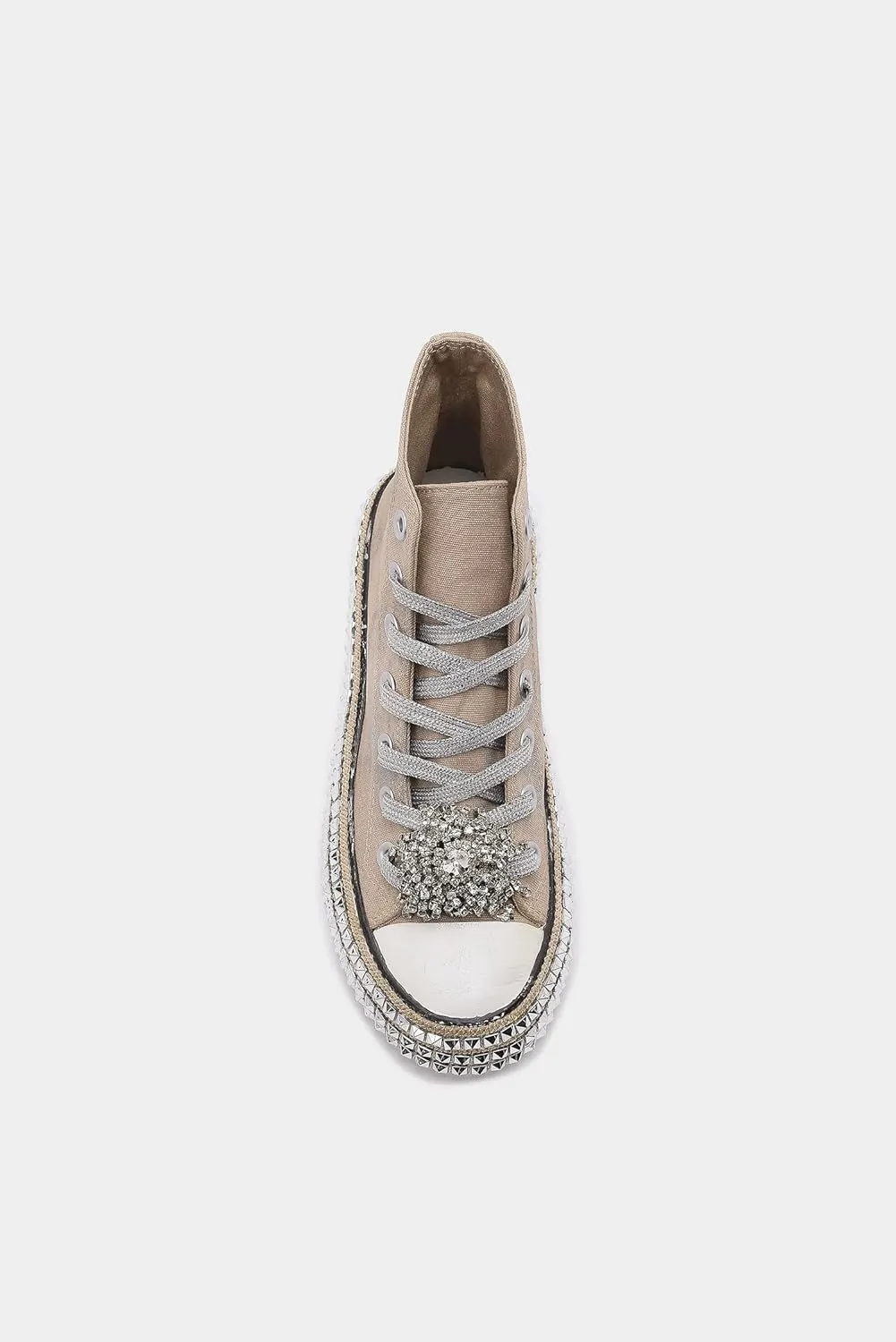 Womens High-Top Canvas Sneakers Studded Rhinestone Side Shoes Lace Up Fashion Shoes Casual Platform Ankle Boots