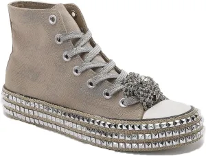 Womens High-Top Canvas Sneakers Studded Rhinestone Side Shoes Lace Up Fashion Shoes Casual Platform Ankle Boots