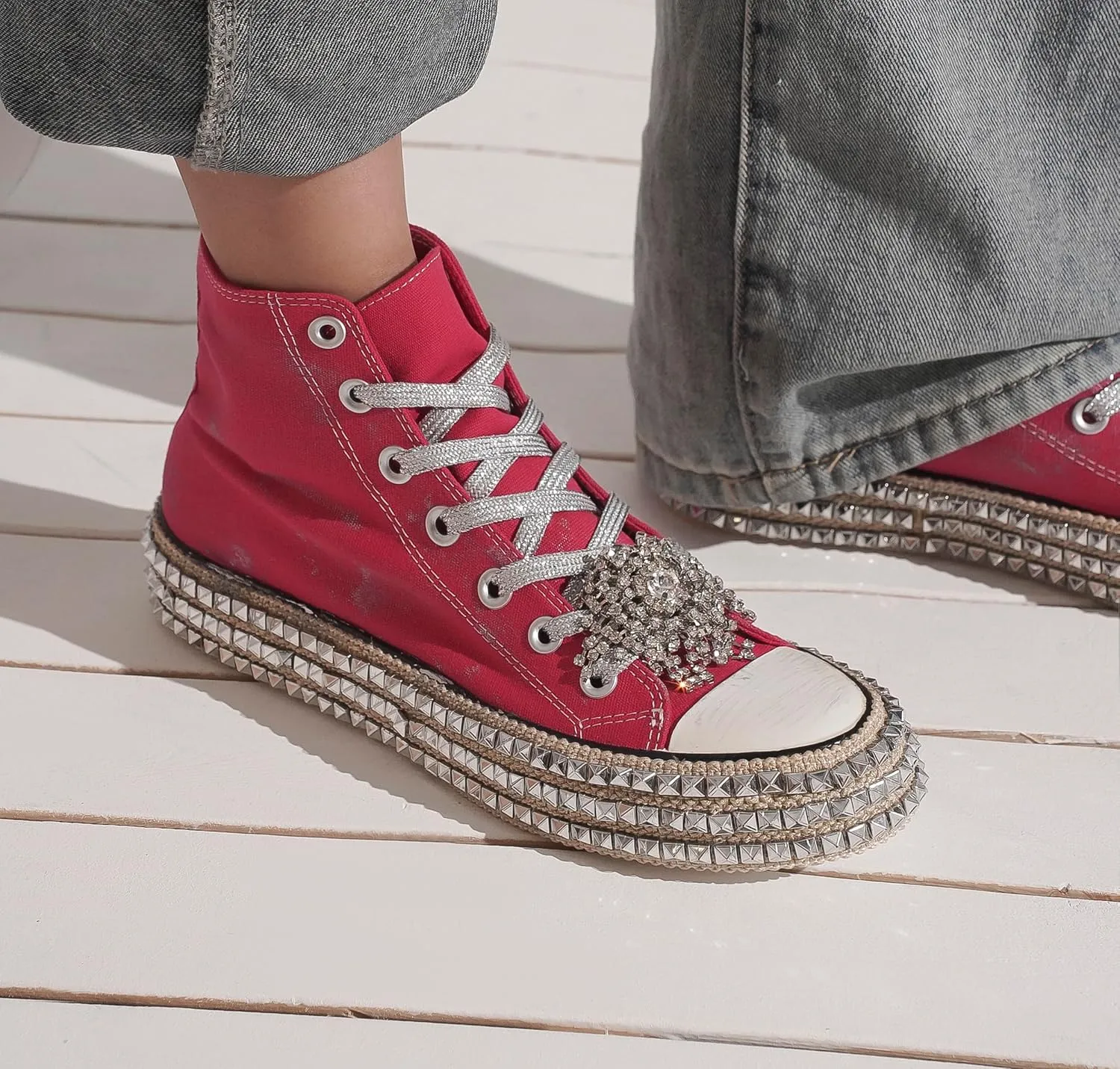 Womens High-Top Canvas Sneakers Studded Rhinestone Side Shoes Lace Up Fashion Shoes Casual Platform Ankle Boots