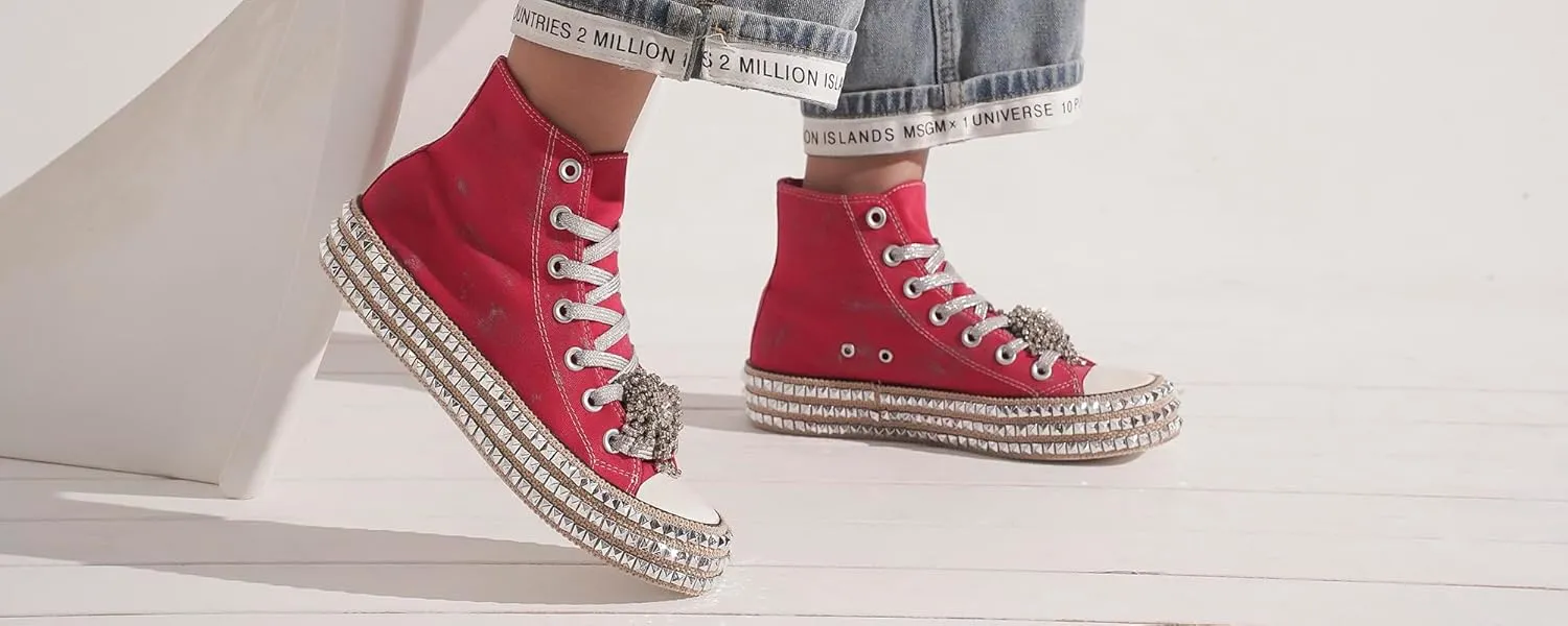 Womens High-Top Canvas Sneakers Studded Rhinestone Side Shoes Lace Up Fashion Shoes Casual Platform Ankle Boots