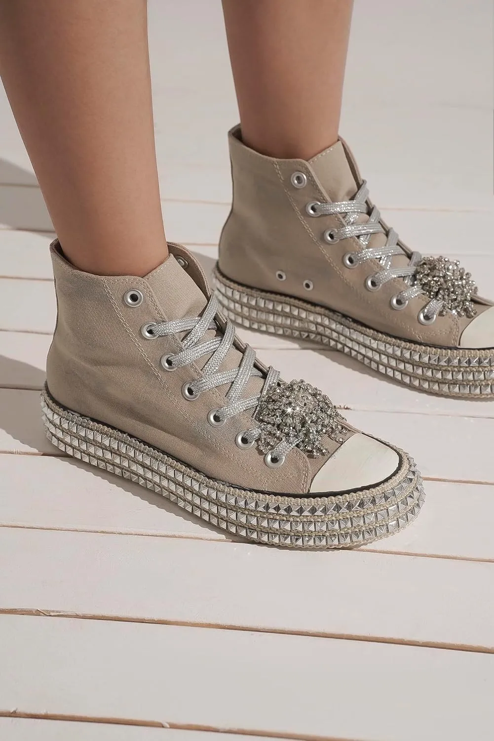 Womens High-Top Canvas Sneakers Studded Rhinestone Side Shoes Lace Up Fashion Shoes Casual Platform Ankle Boots