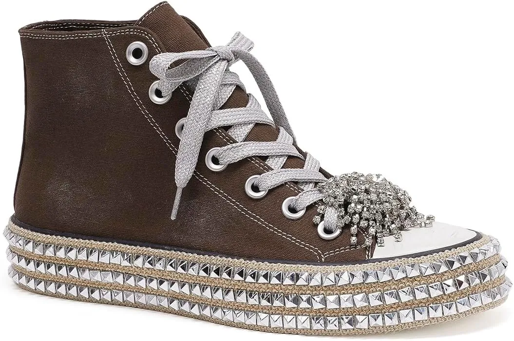 Womens High-Top Canvas Sneakers Studded Rhinestone Side Shoes Lace Up Fashion Shoes Casual Platform Ankle Boots