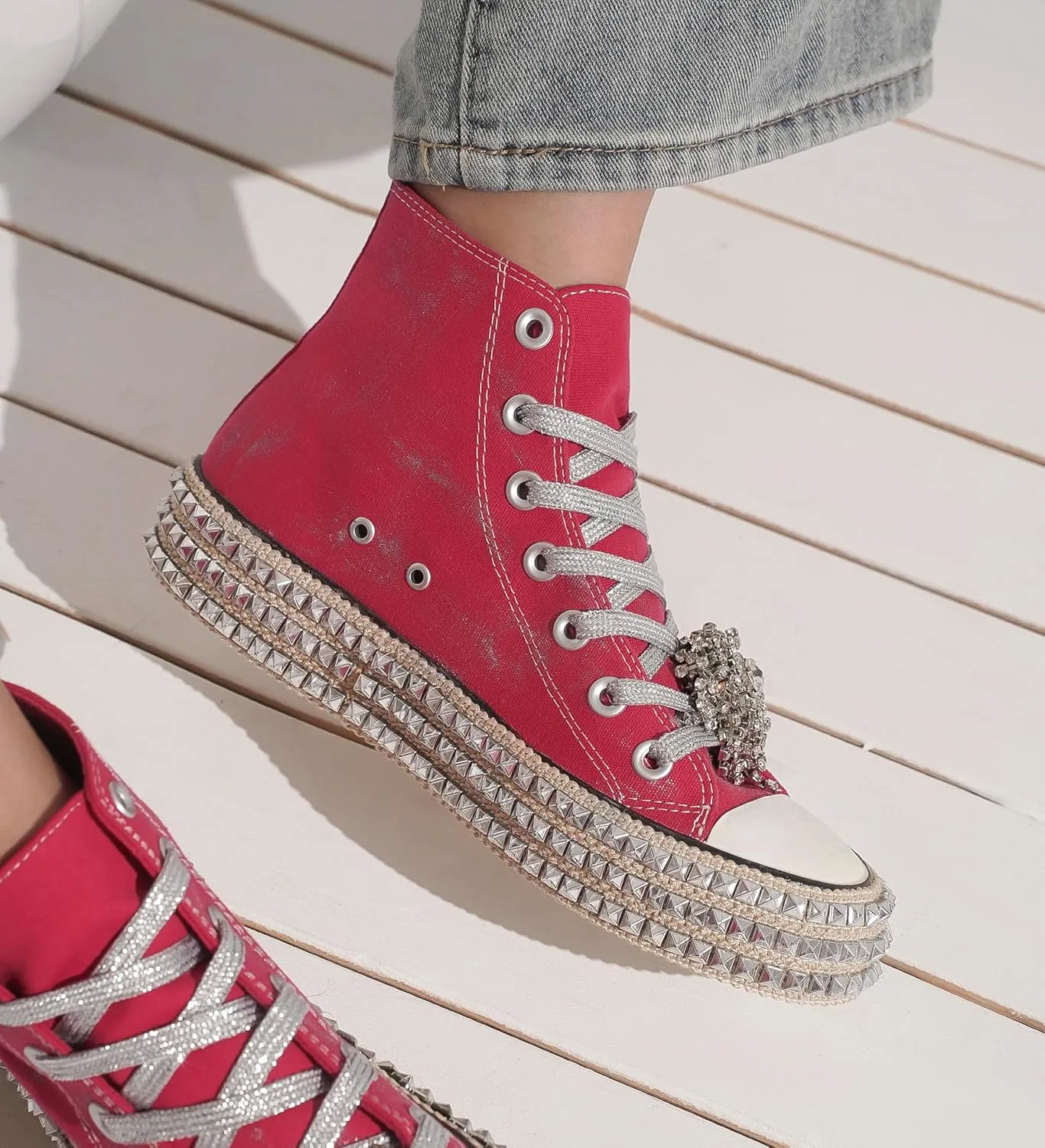 Womens High-Top Canvas Sneakers Studded Rhinestone Side Shoes Lace Up Fashion Shoes Casual Platform Ankle Boots