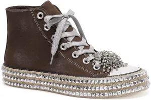 Womens High-Top Canvas Sneakers Studded Rhinestone Side Shoes Lace Up Fashion Shoes Casual Platform Ankle Boots