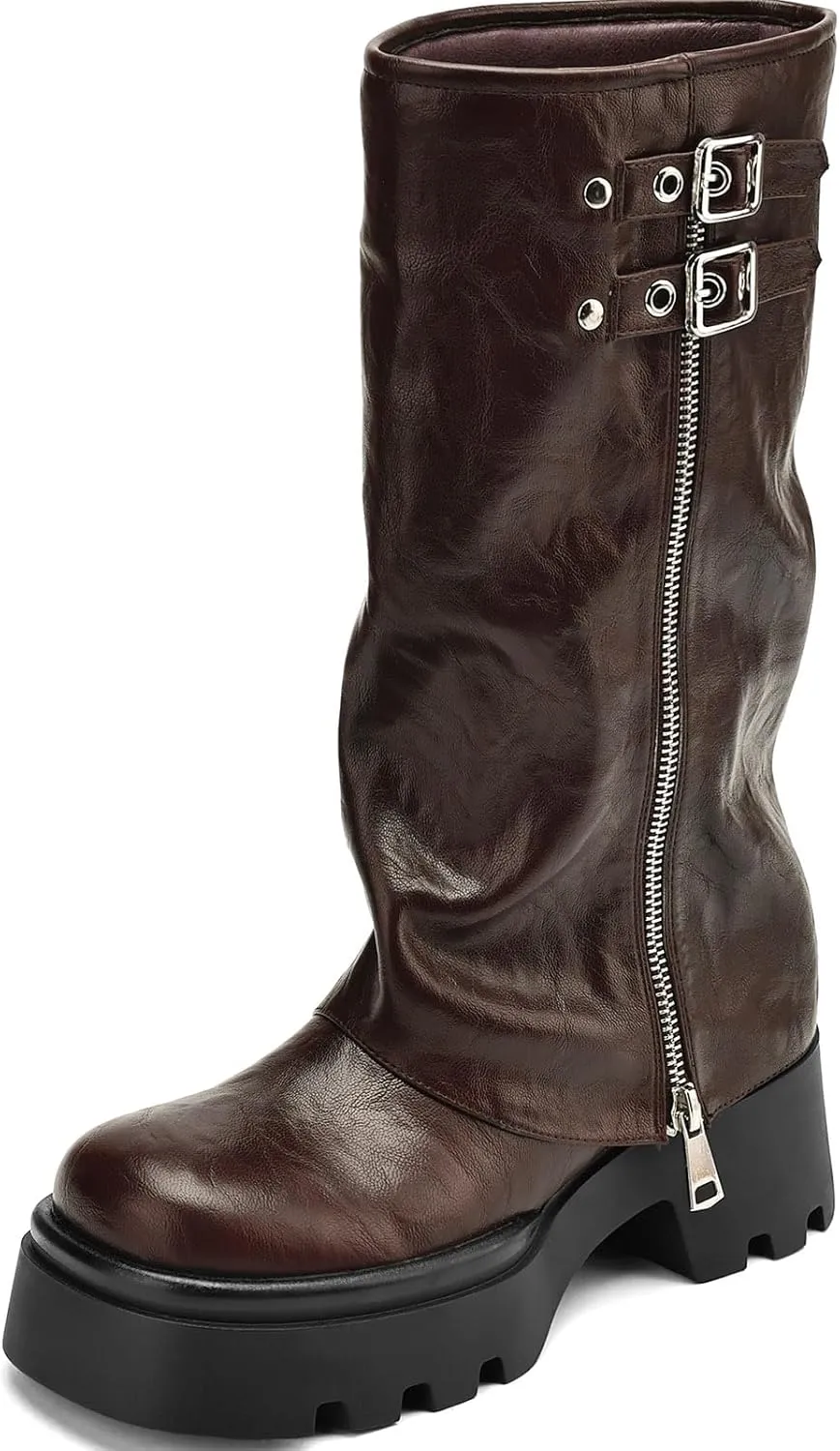 Women's Knee High Boots Comfortable Platform Round Toe Moto Boots Buckle Dress Fold Over Boots for Women