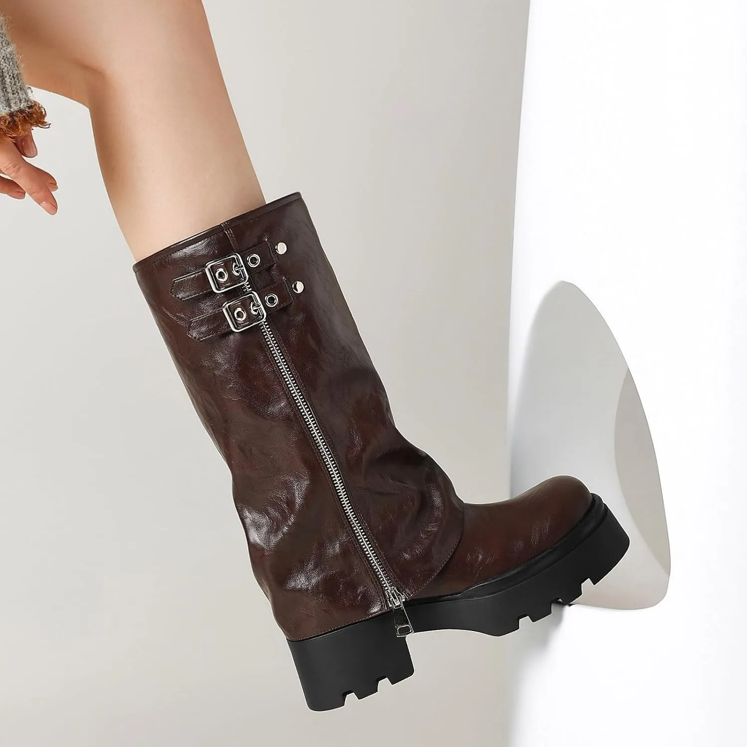 Women's Knee High Boots Comfortable Platform Round Toe Moto Boots Buckle Dress Fold Over Boots for Women
