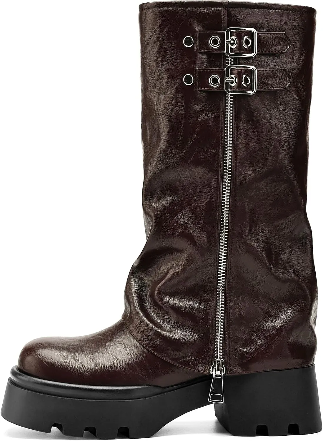 Women's Knee High Boots Comfortable Platform Round Toe Moto Boots Buckle Dress Fold Over Boots for Women