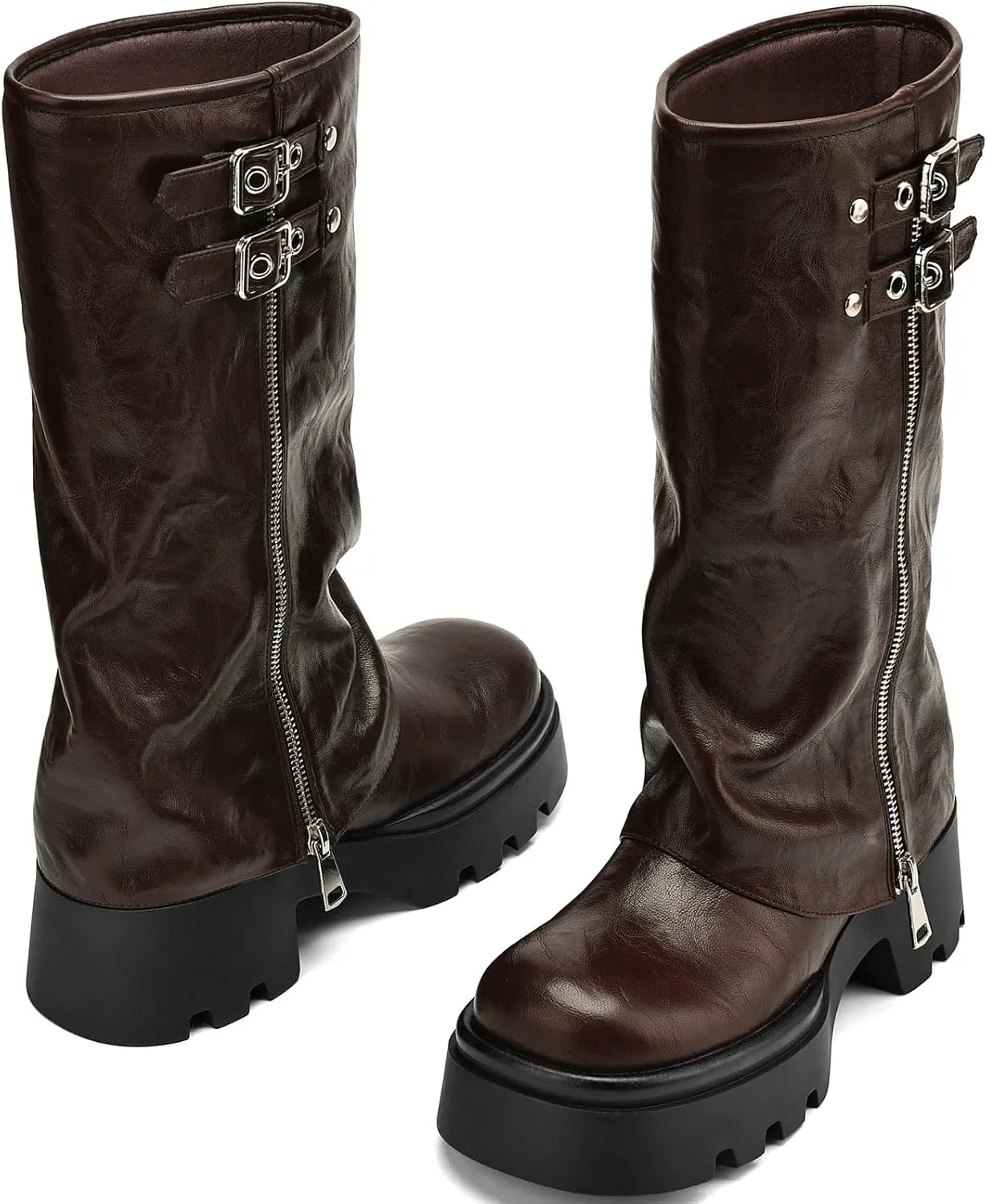 Women's Knee High Boots Comfortable Platform Round Toe Moto Boots Buckle Dress Fold Over Boots for Women