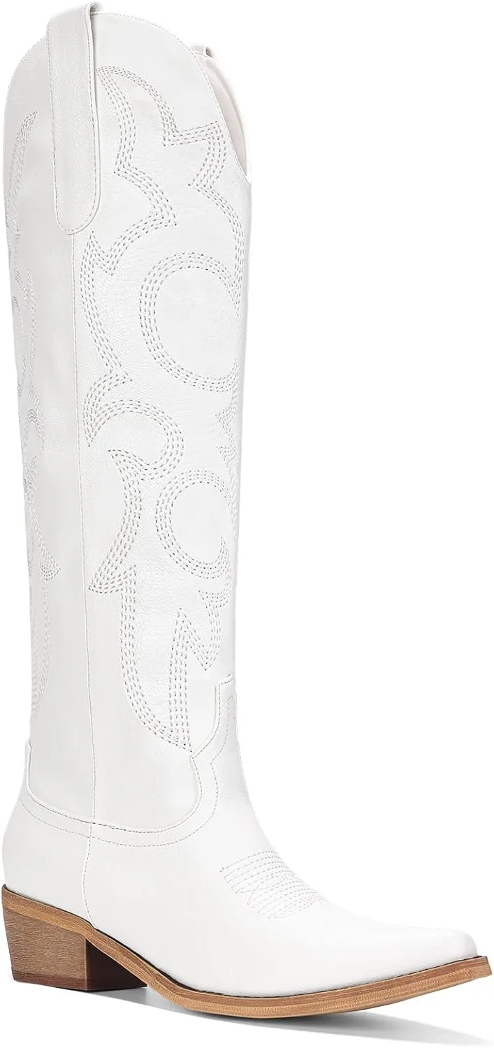 Women's Knee High Cowboy Boots for Women- Pointed Toe Cowgirl Boots Women with Side Zipper & Classic Embroidery Designs Ideal for Worker for Country Concert