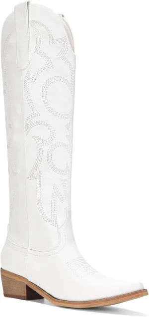 Women's Knee High Cowboy Boots for Women- Pointed Toe Cowgirl Boots Women with Side Zipper & Classic Embroidery Designs Ideal for Worker for Country Concert
