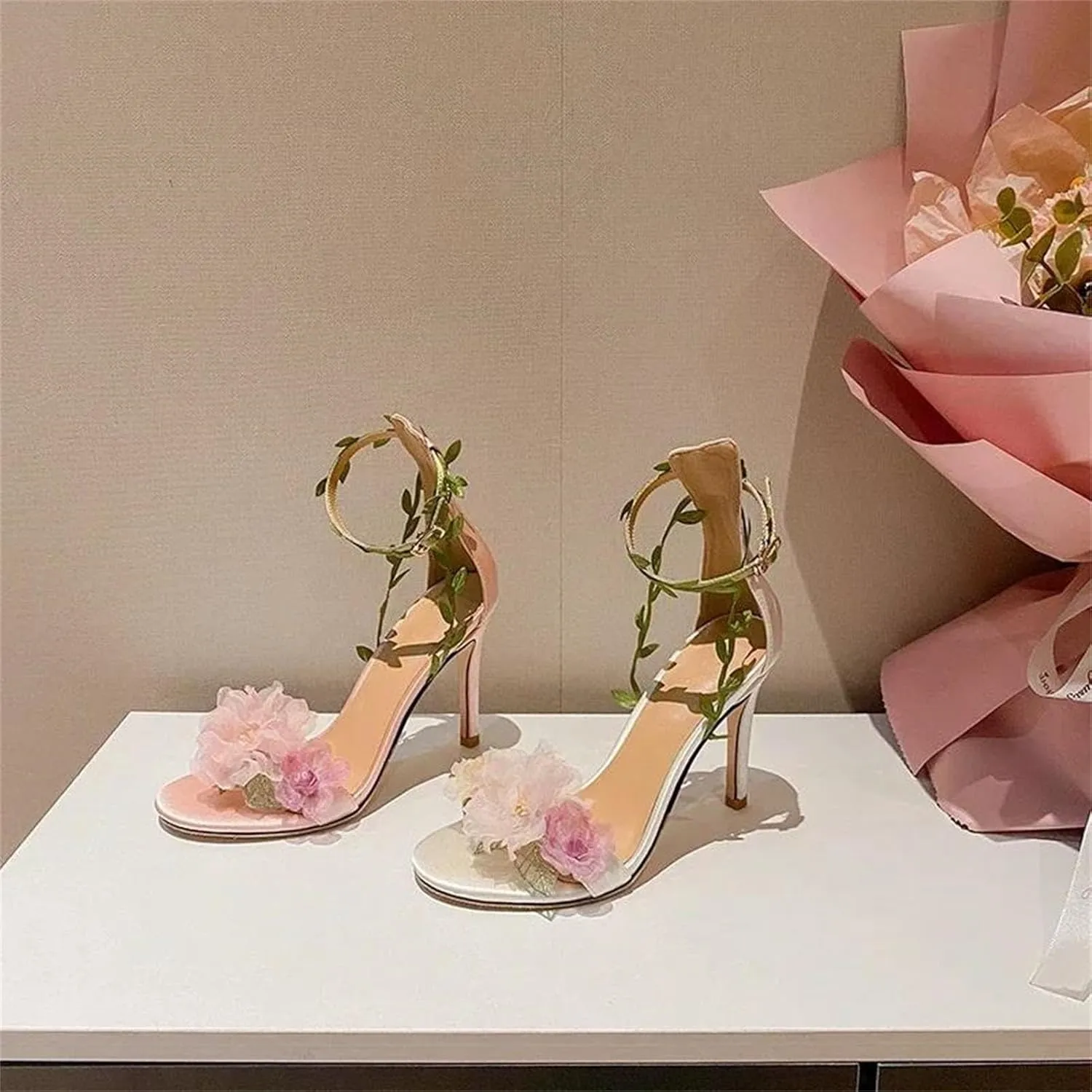 Women's Pink Chiffon Flower High Heels Sandals, Lace Up Summer Wedding Banquet