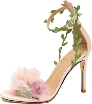 Women's Pink Chiffon Flower High Heels Sandals, Lace Up Summer Wedding Banquet