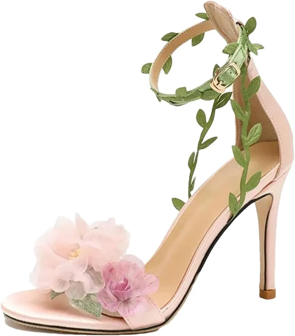Women's Pink Chiffon Flower High Heels Sandals, Lace Up Summer Wedding Banquet
