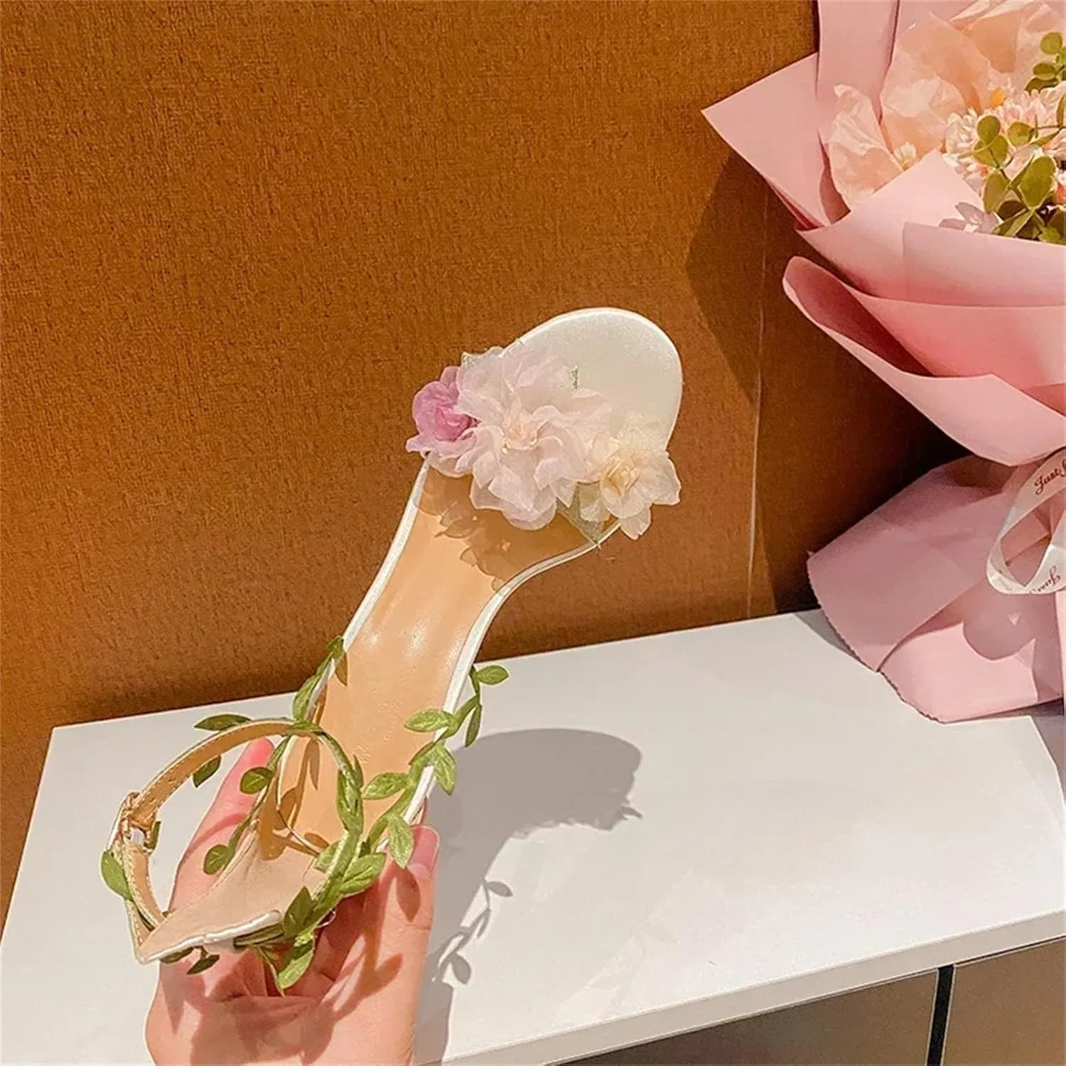 Women's Pink Chiffon Flower High Heels Sandals, Lace Up Summer Wedding Banquet