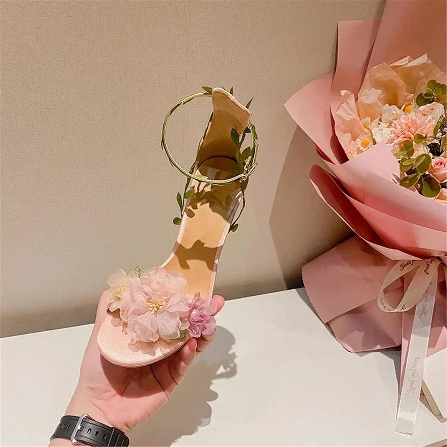 Women's Pink Chiffon Flower High Heels Sandals, Lace Up Summer Wedding Banquet