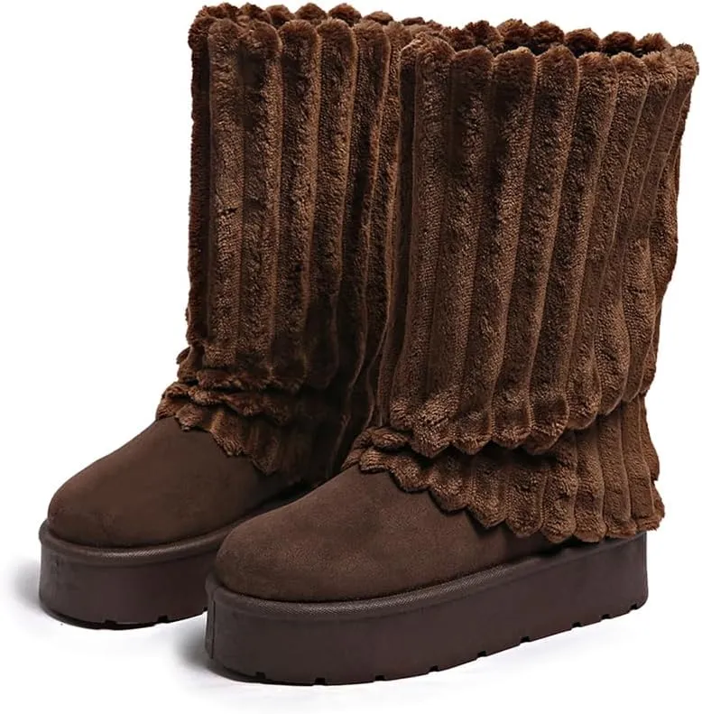 Women's Platform Fur Boots, Fuzzy Fleece Lined Ankle Booties, Anti-Slip