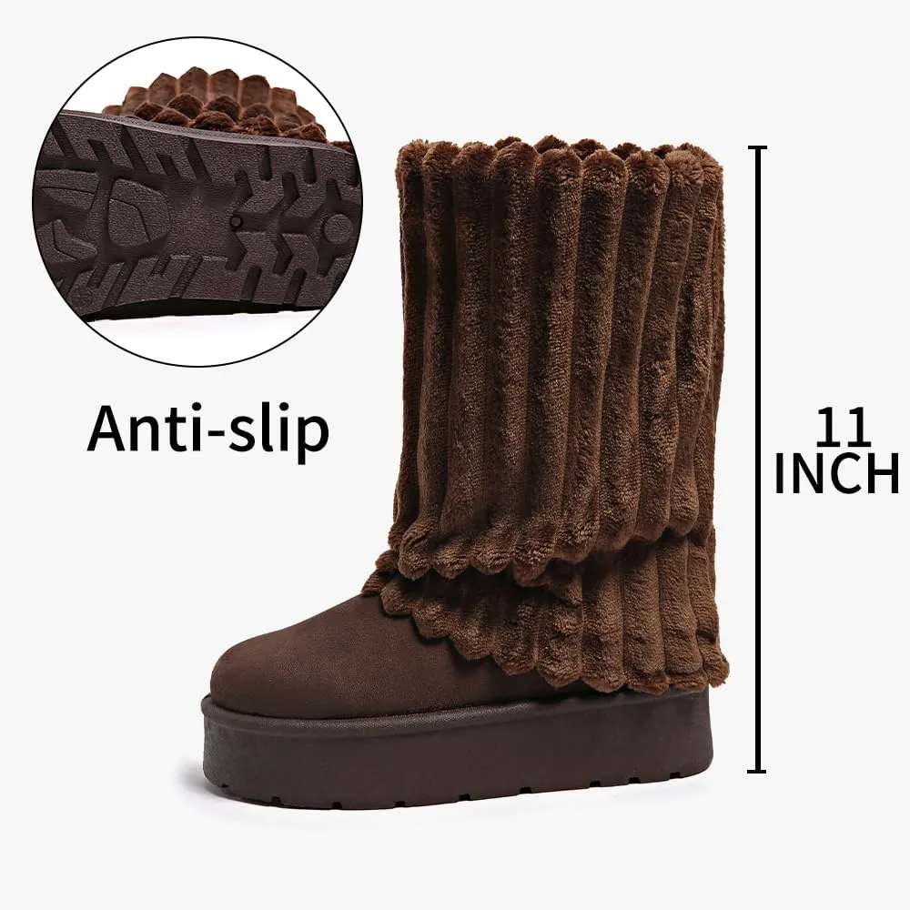 Women's Platform Fur Boots, Fuzzy Fleece Lined Ankle Booties, Anti-Slip