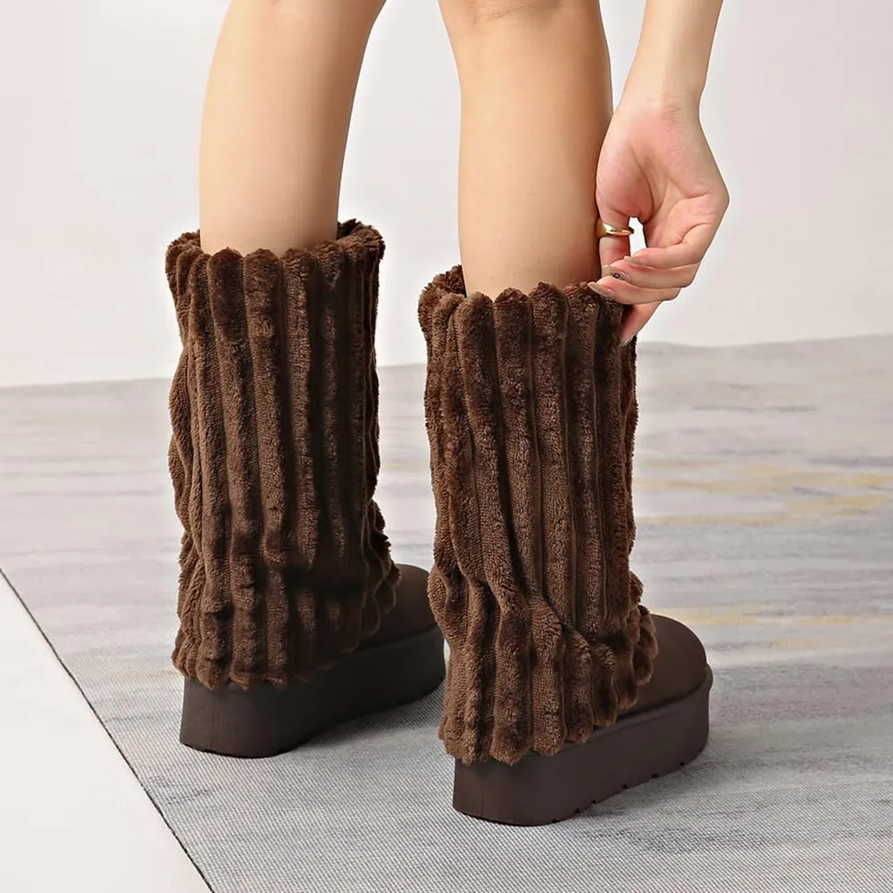 Women's Platform Fur Boots, Fuzzy Fleece Lined Ankle Booties, Anti-Slip