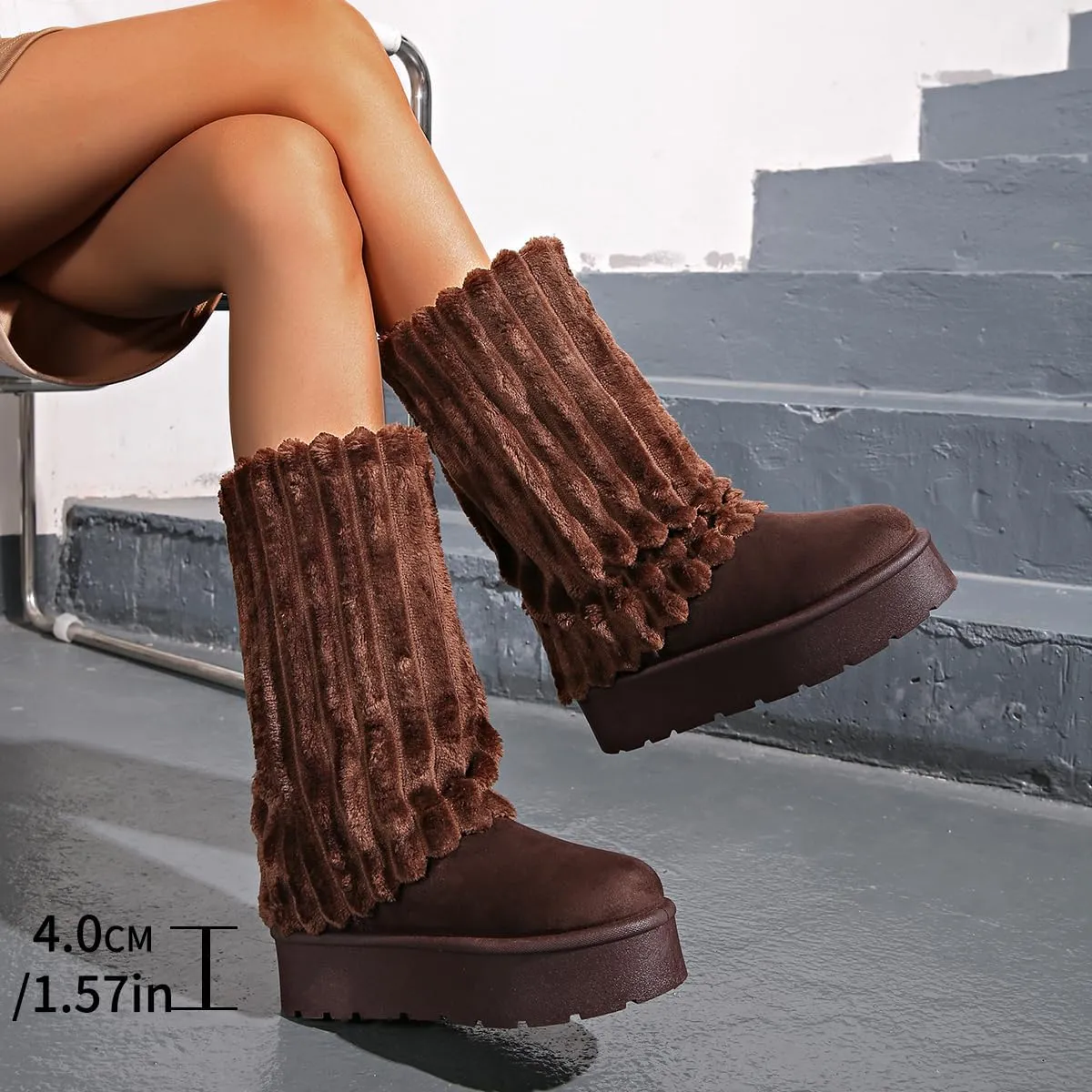 Women's Platform Fur Boots, Fuzzy Fleece Lined Ankle Booties, Anti-Slip