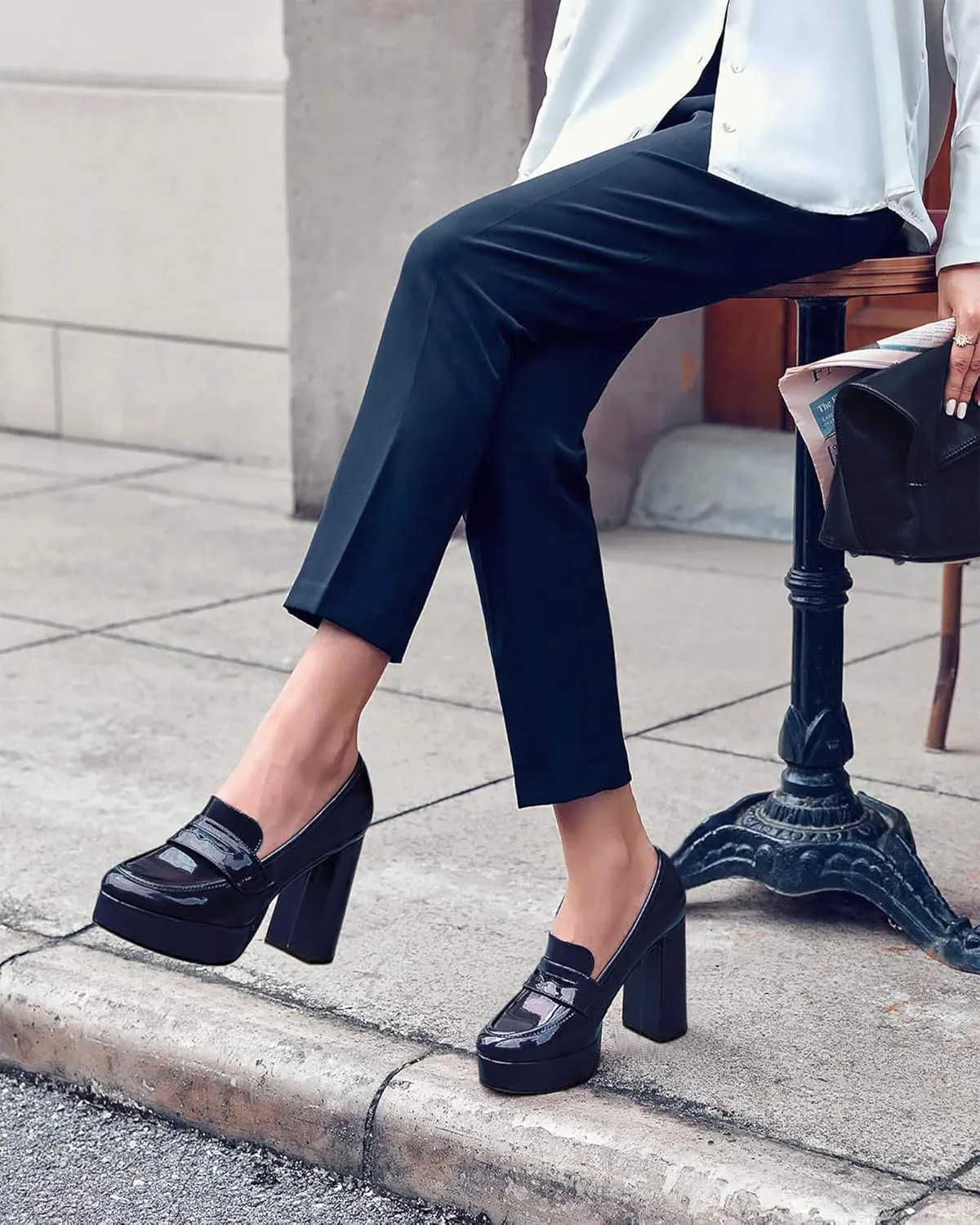 Womens Platform Heels Loafers Chunky High Heel Closed Toe Patent Leather Shoes Penny Loafer Business Dress Work Pumps