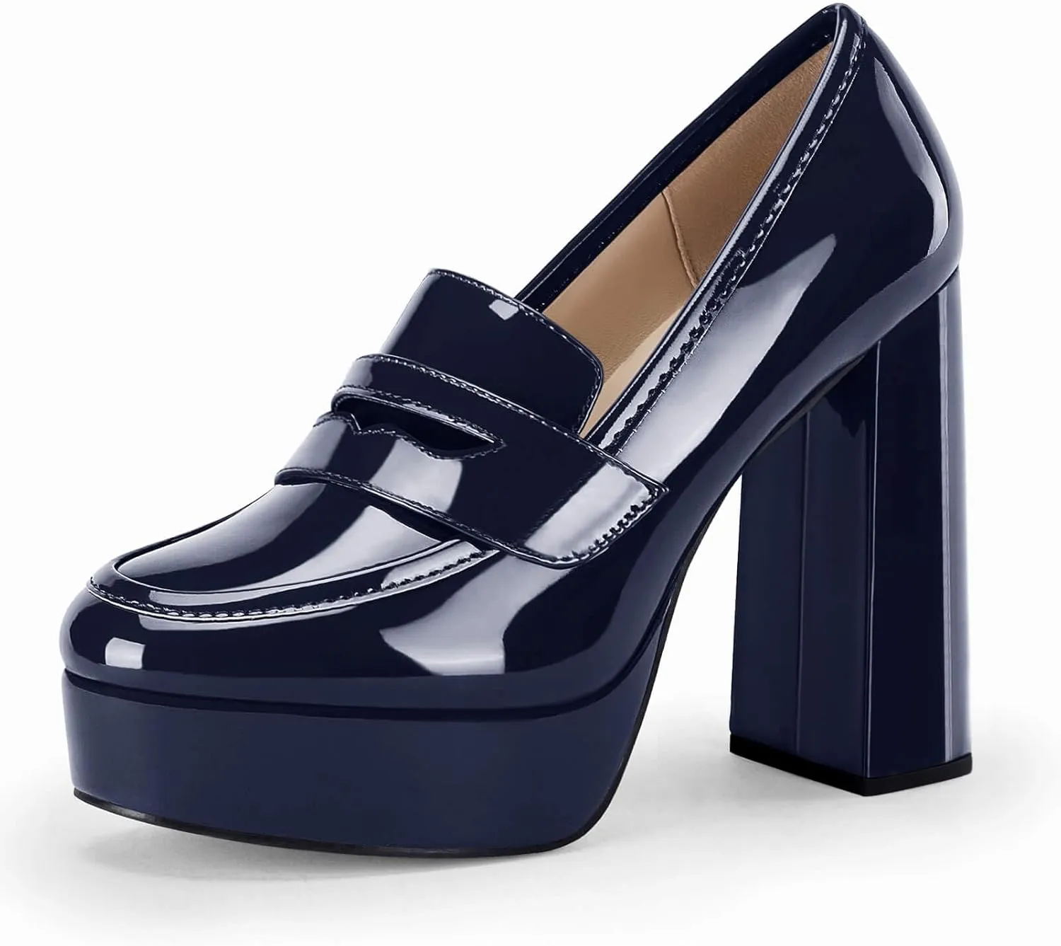 Womens Platform Heels Loafers Chunky High Heel Closed Toe Patent Leather Shoes Penny Loafer Business Dress Work Pumps