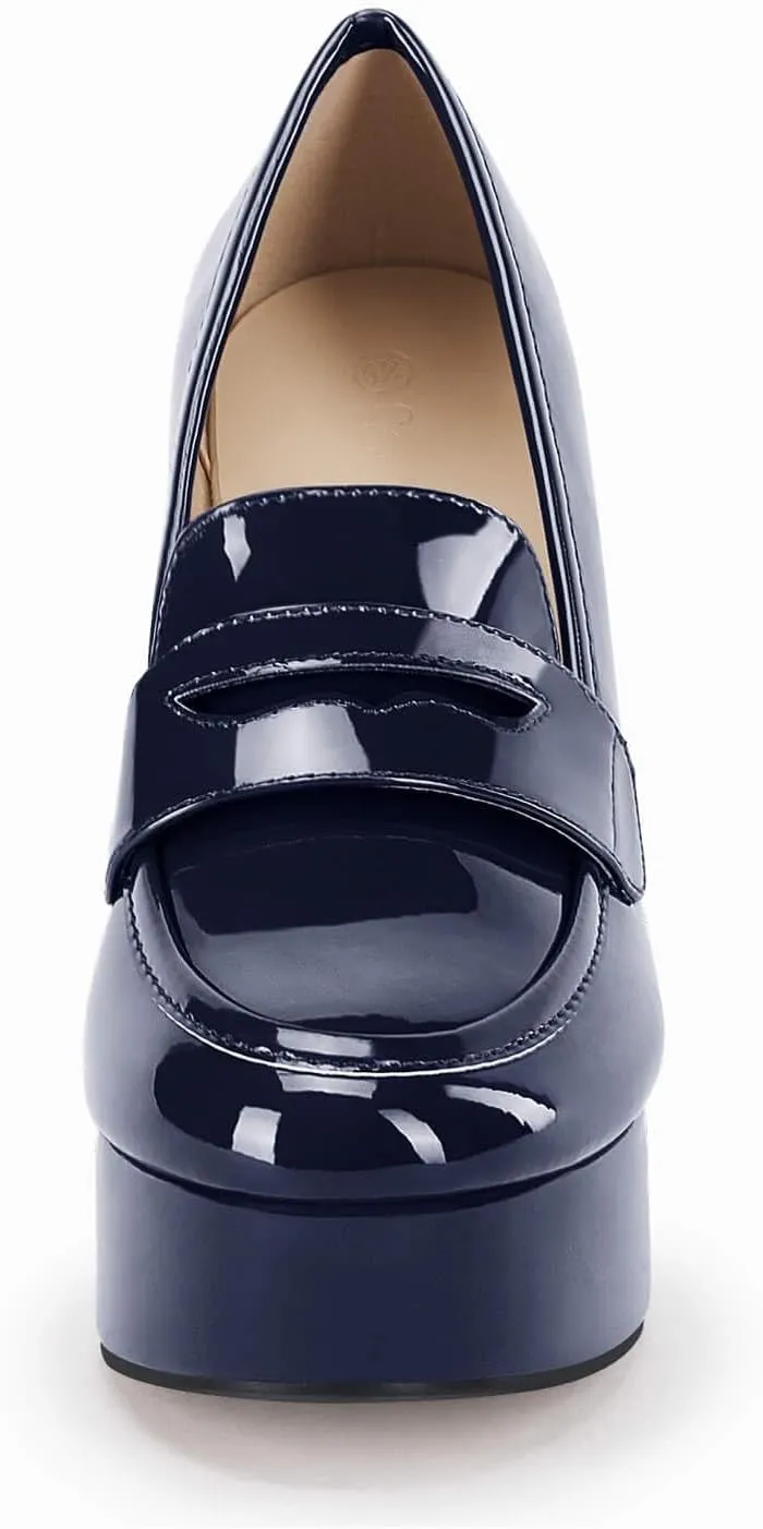 Womens Platform Heels Loafers Chunky High Heel Closed Toe Patent Leather Shoes Penny Loafer Business Dress Work Pumps