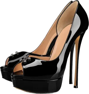 Women's Platform Peep Toe Pumps, White Black Stiletto Wedding Party Heels