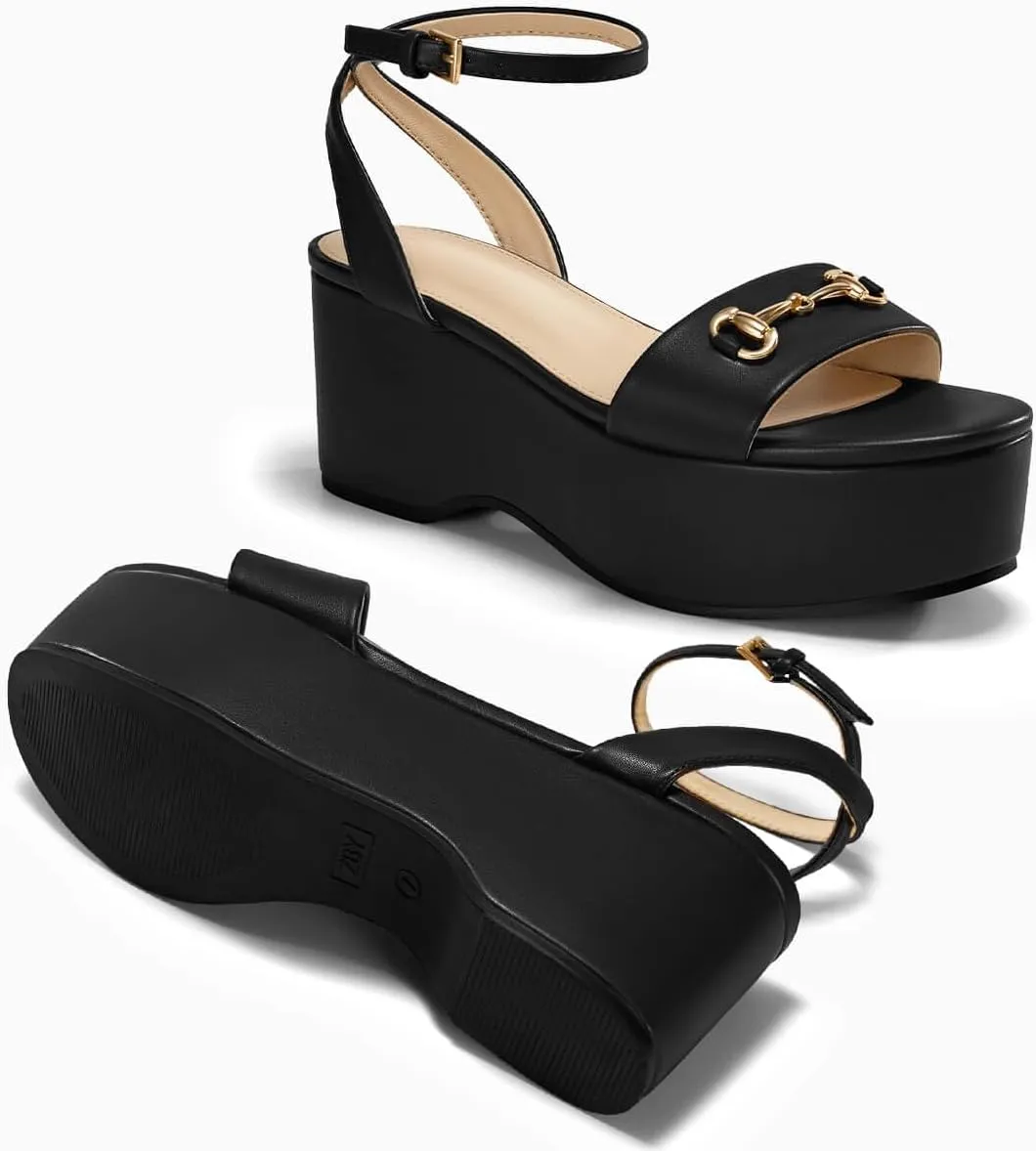 Womens Platform Sandals Chunky Wedges Heels Open Toe Ankle Strap Summer Dress Shoes with Metal Buckle