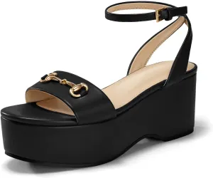 Womens Platform Sandals Chunky Wedges Heels Open Toe Ankle Strap Summer Dress Shoes with Metal Buckle
