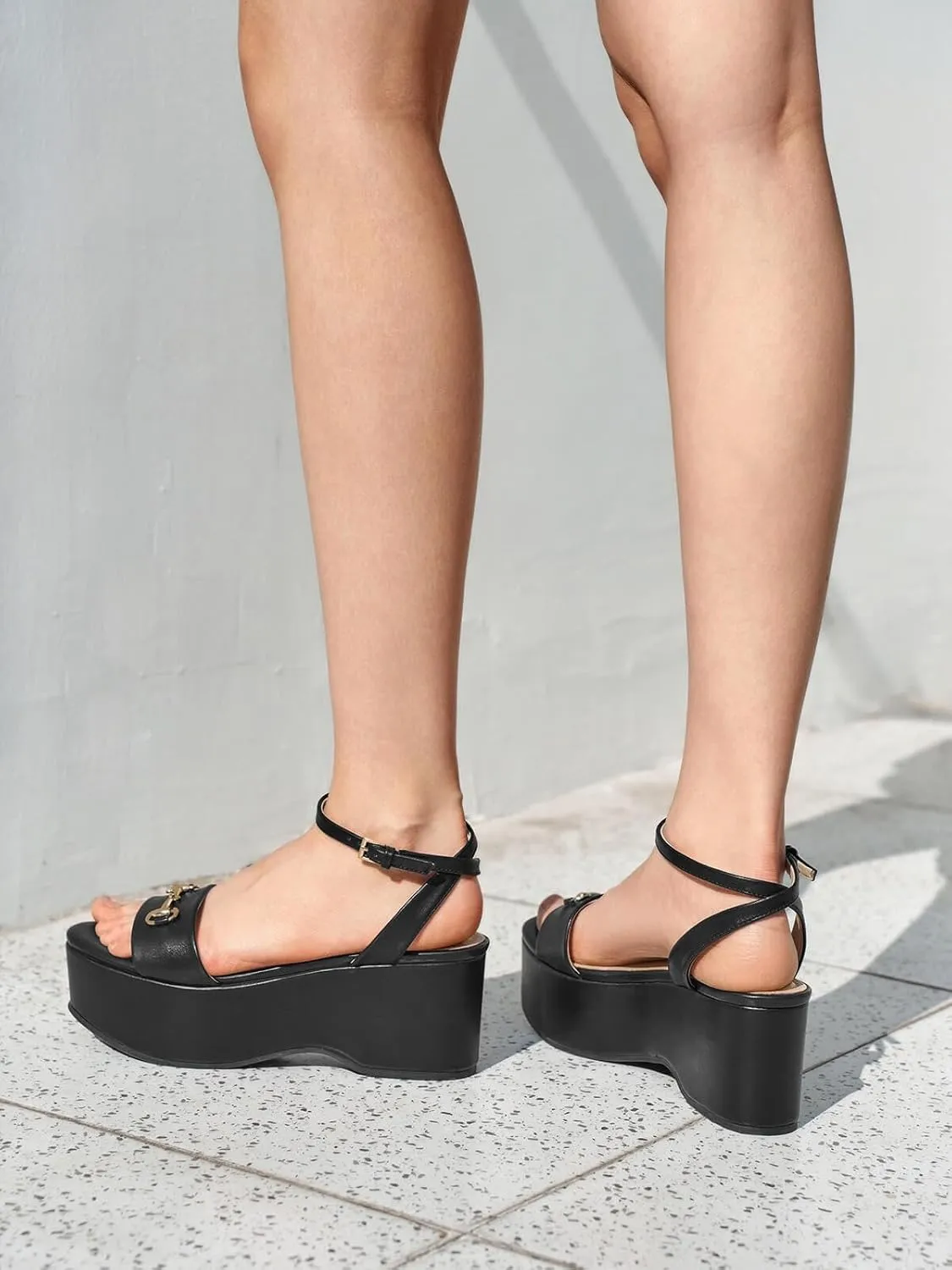 Womens Platform Sandals Chunky Wedges Heels Open Toe Ankle Strap Summer Dress Shoes with Metal Buckle