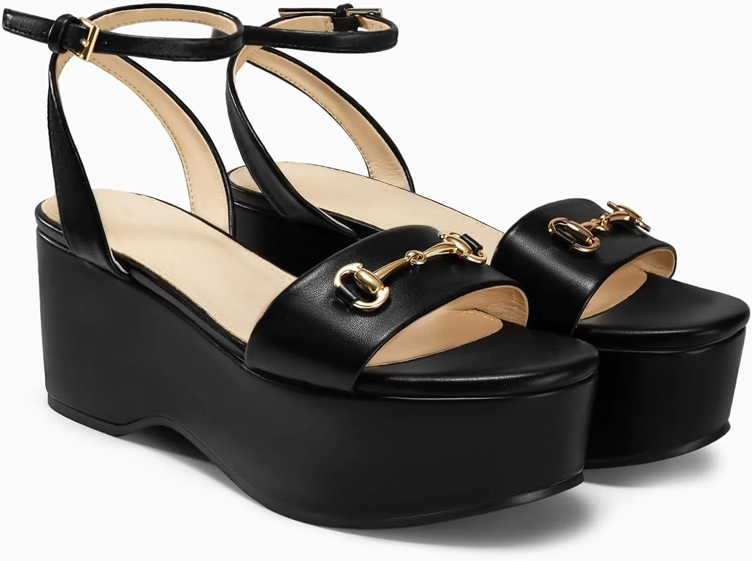 Womens Platform Sandals Chunky Wedges Heels Open Toe Ankle Strap Summer Dress Shoes with Metal Buckle