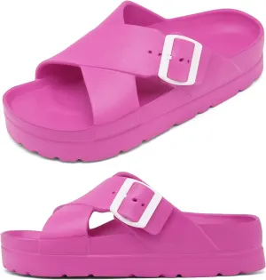 Womens Platform Sandals with Arch Support, Adjustable Buckle Beach Sandal Woman Comfort Lightweight Ultra Cushion EVA Slides