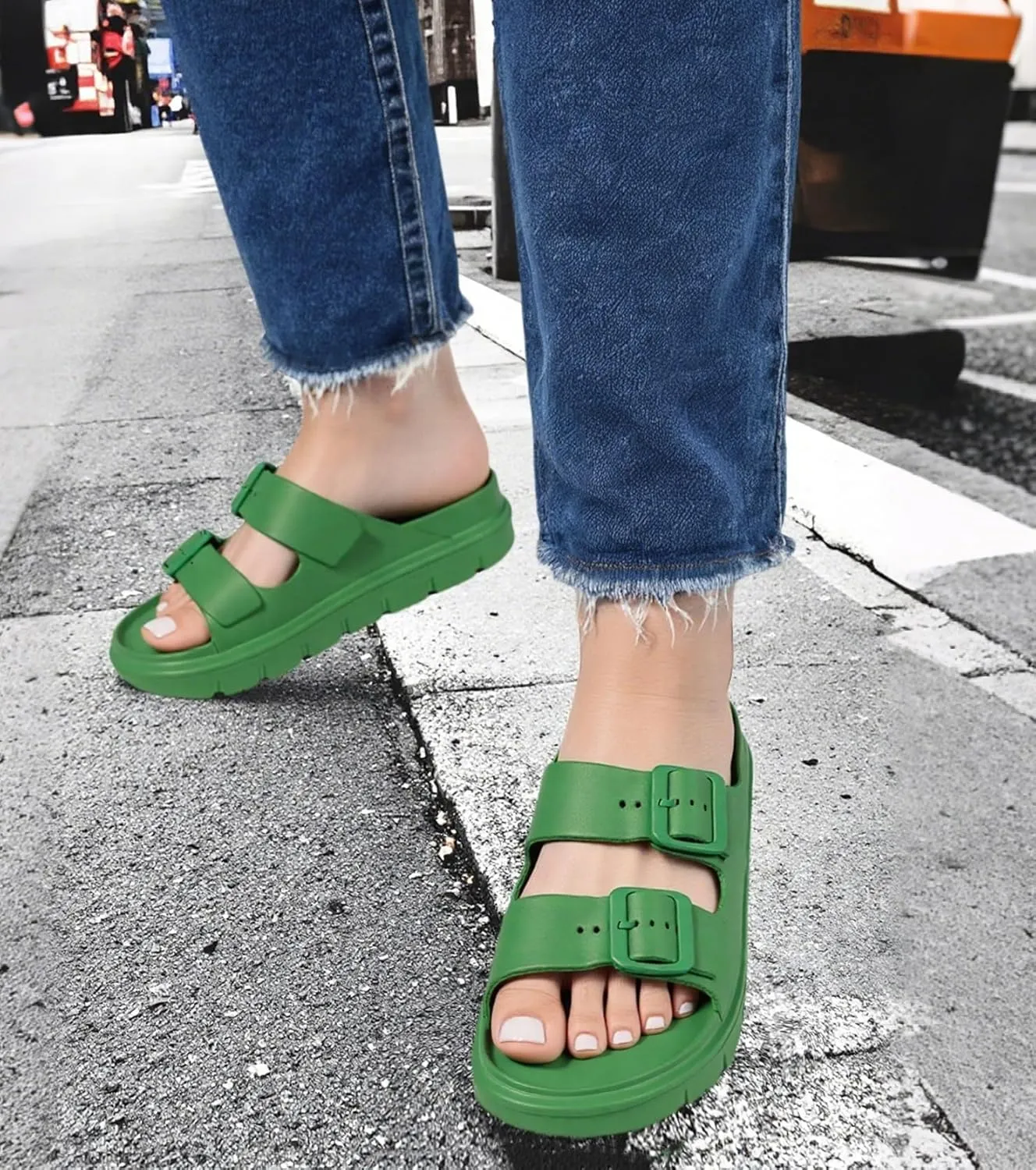 Womens Platform Sandals with Arch Support, Summer Beach Slides with Adjustable Buckle, Comfort Lightweight Chunky Cushion Slip on Sandal