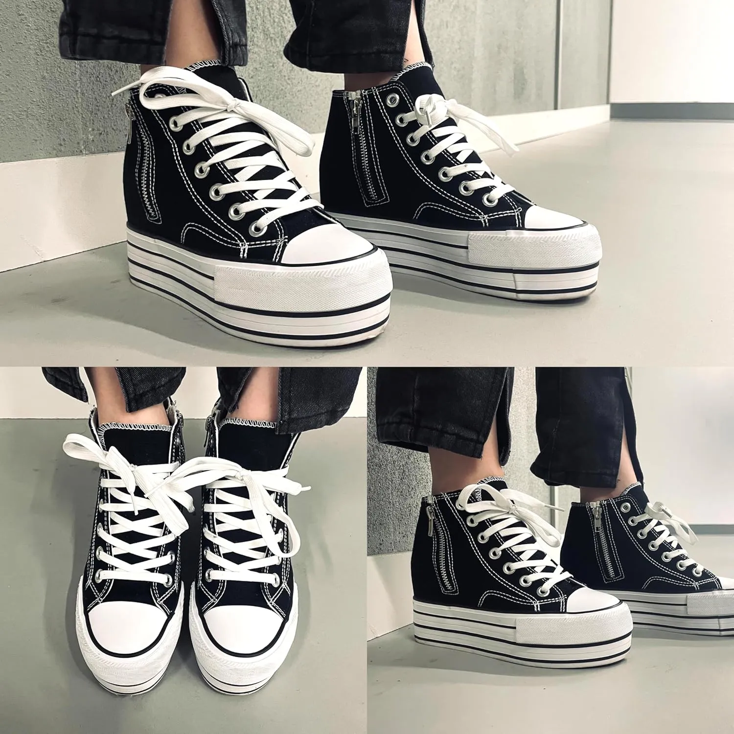 Womens Platform Wedge Sneakers Hidden Wedge 4 Inches Height Boost, High Top Canvas Heel Sneakers White Fashion Sneakers for Women and Girls