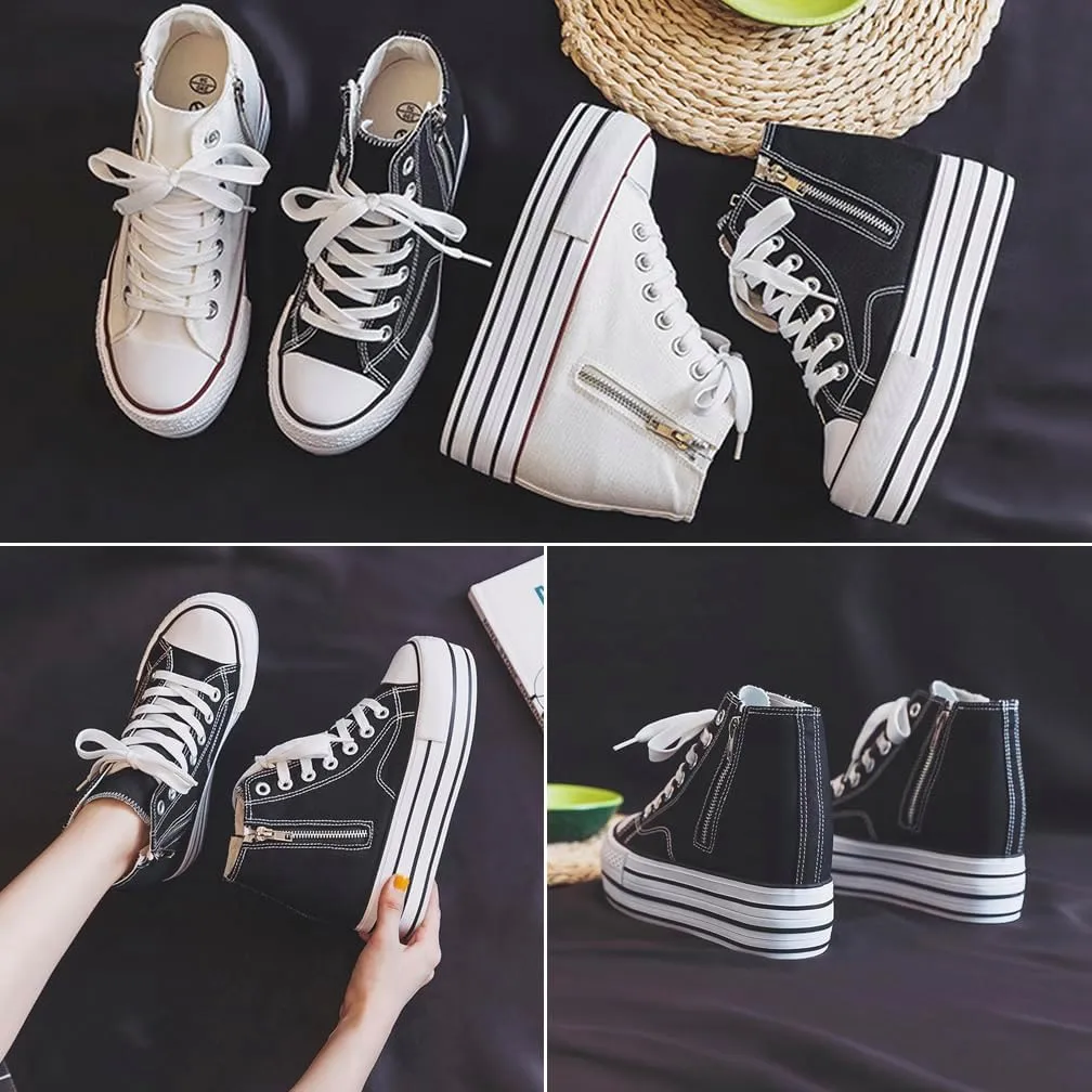 Womens Platform Wedge Sneakers Hidden Wedge 4 Inches Height Boost, High Top Canvas Heel Sneakers White Fashion Sneakers for Women and Girls