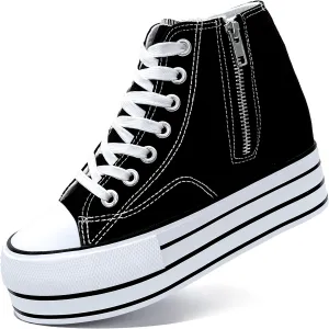 Womens Platform Wedge Sneakers Hidden Wedge 4 Inches Height Boost, High Top Canvas Heel Sneakers White Fashion Sneakers for Women and Girls