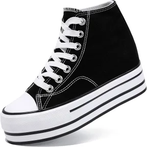 Womens Platform Wedge Sneakers Hidden Wedge 4 Inches Height Boost, High Top Canvas Heel Sneakers White Fashion Sneakers for Women and Girls