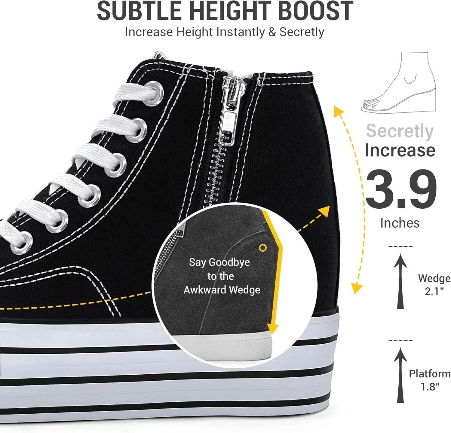Womens Platform Wedge Sneakers Hidden Wedge 4 Inches Height Boost, High Top Canvas Heel Sneakers White Fashion Sneakers for Women and Girls